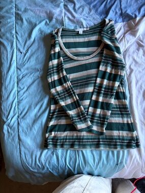 Threads 4 Thought Green and Cream Striped Long Sleeve Scoop Neck Top
